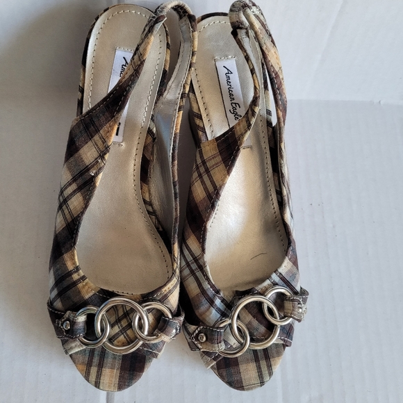 American Eagle Women's Slingback Wedge Cork Plaid Shoe's Size 7 - Picture 1 of 10